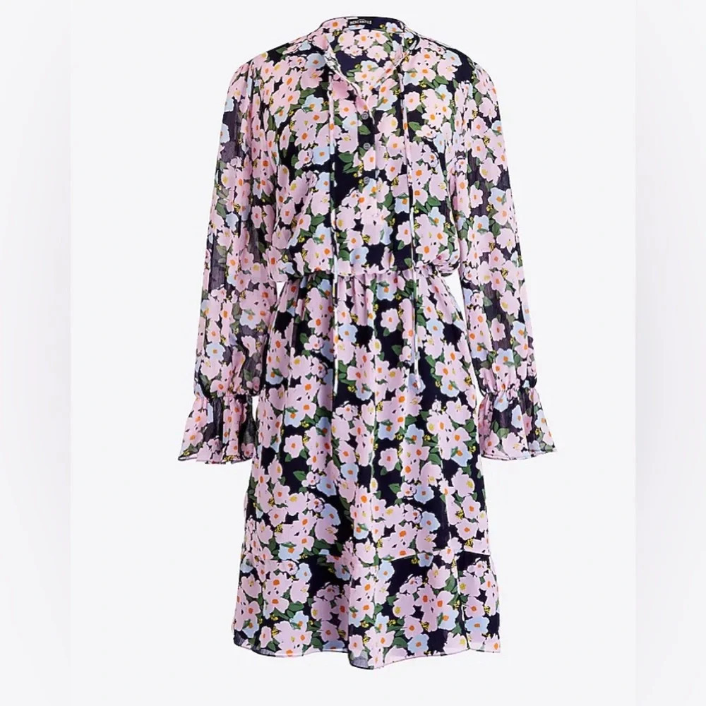 J.Crew Floral Tie Neck Long Sleeve Ruffle Midi Dress Navy Purple XS